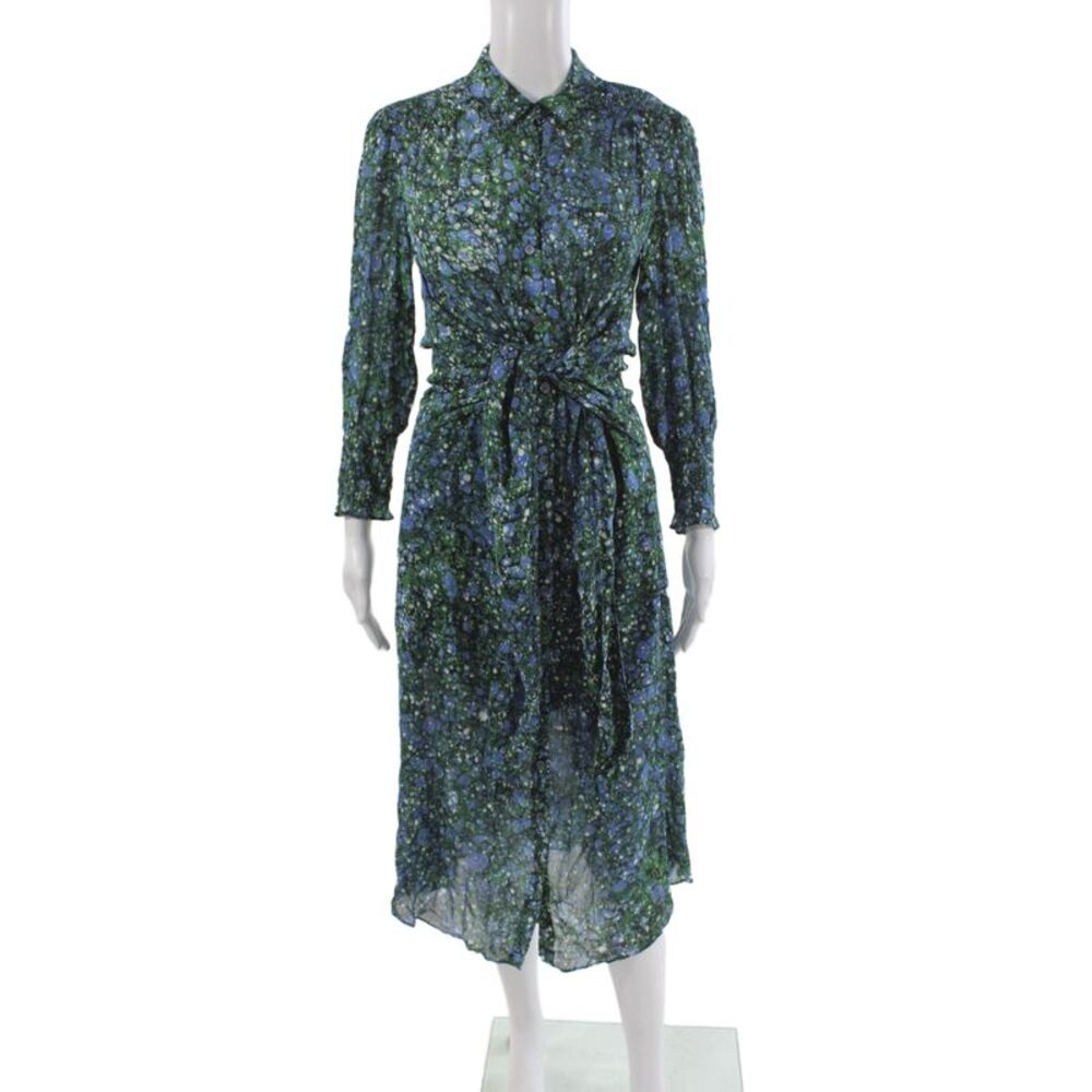 Veronica Beard Womens Green Floral Shirt Wrap Dress Tie Long Sleeve Size 0